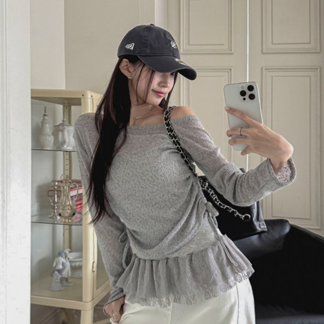 떳다그녀 이리나 니트 셋업 프릴 캉캉 레이어드 긴팔 나시 투피스 오프숄더 셔링 시스루 발레코어 세트