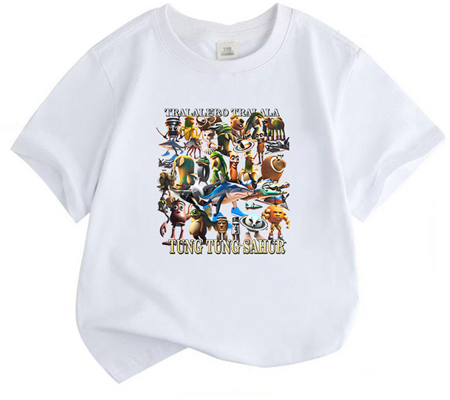 FONOW 아동티셔츠 이탈리안 브레인롯 티셔츠 퉁퉁퉁사후르 주니어옷 여름 반팔면티 가족티