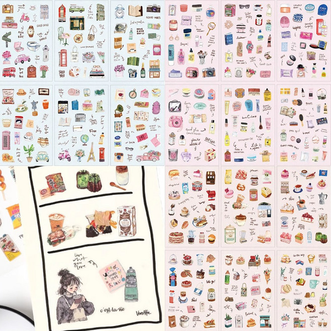 18매 감성 가득 일러스트 레트로 방수 다꾸 여행 일상 음식 스티커, A세트
