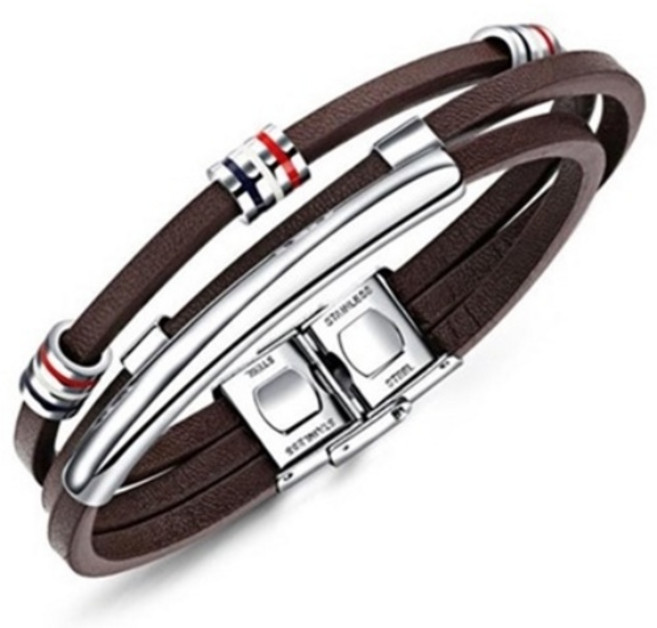 에르모사제이 맨즈 MW009 패턴 써지컬 스틸 가죽 남자팔찌