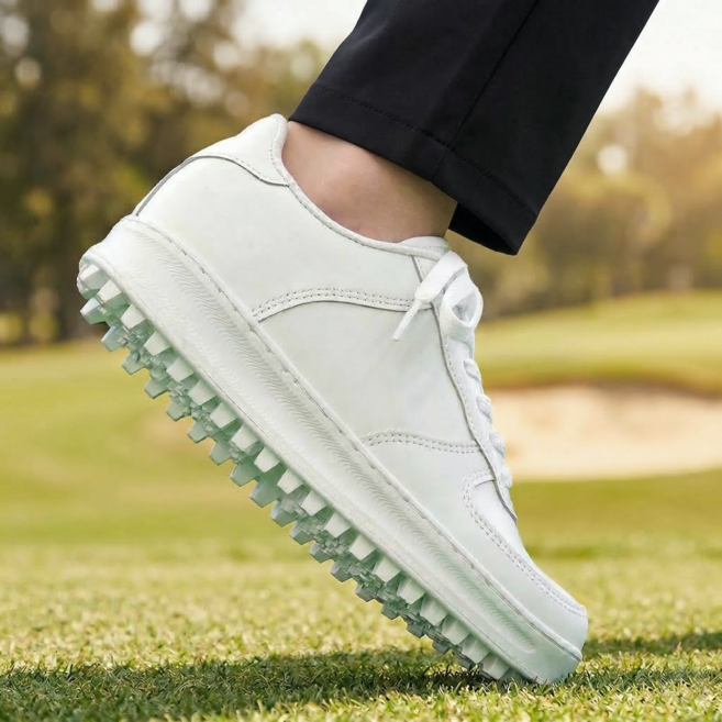 액션런 국산 소가죽 스파이크리스 골프화 여성 남성 연습용 필드용 실내 스크린 미끄럼방지 운동화 커플 골프신발 발편한 캐주얼 스니커즈 빅사이즈 수제화