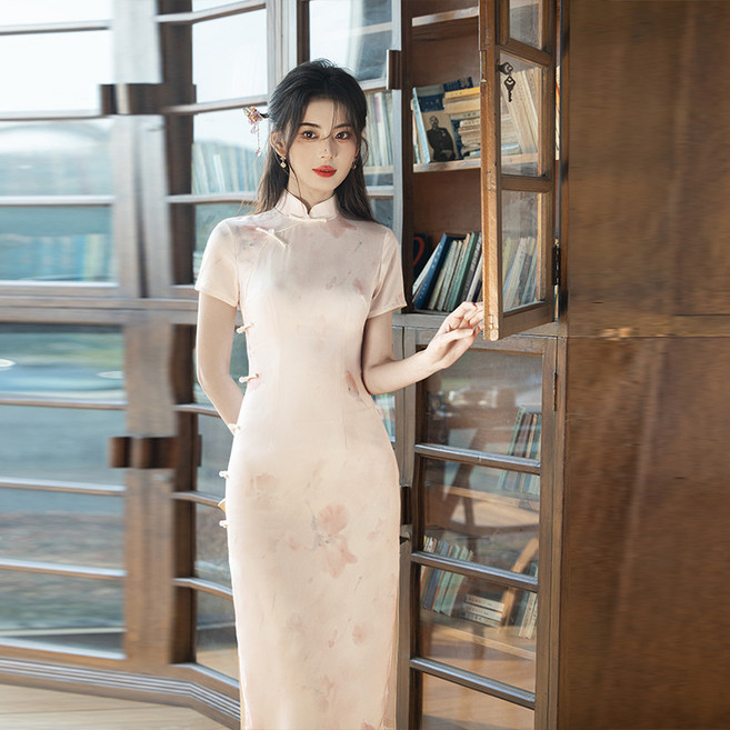 DIU 春夏季改良年輕款少女修身旗袍新中式粉色連衣裙中國風文藝復古風, XL