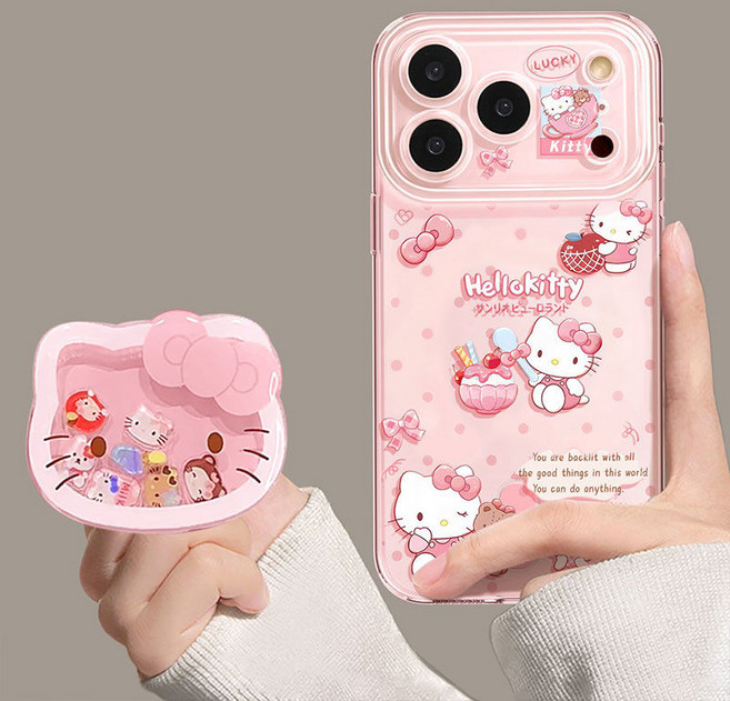 아이폰17 케이스 핑크 아이스크림 키티 고양이 카메라풀커버 휴대폰 케이스+KT 거치대