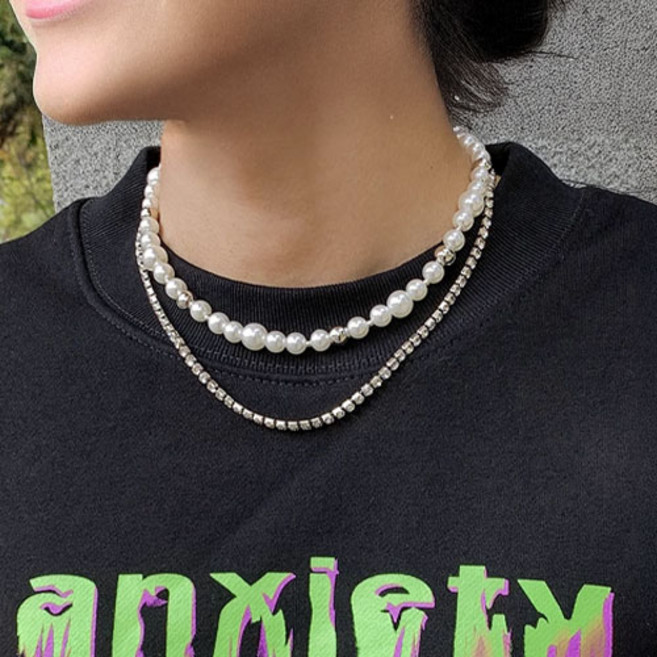 티큐 남녀공용 화이트 큐빅 줄란 체인 진주 두줄 레이어드 목걸이 A1846