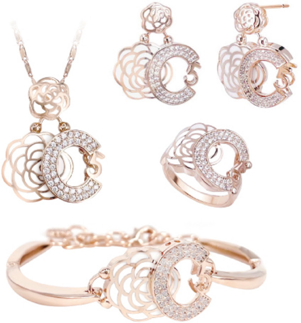 [혜성주얼리] 화이트 모던로즈 반지 팔찌 귀걸이 목걸이 4종