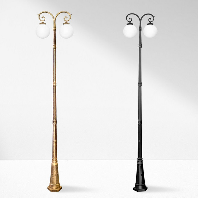 나눔조명 엔틱 전기 가로등 야외 조명 조명등 LED 잔디등 2등 양가지, 01_전기 양머리 가로등 2등(호박(구슬)등), 01-1_호박(구슬)등 25호 (10인치), 전체높이 3.2M 황동(기둥2.6M)