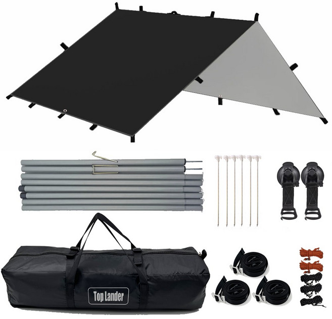 탑 랜더 19개의 연결 고리가 있는 다용도 대형 렉타 캠핑 방수 타프 차량용어닝 야외용 UV 차단, 블랙, 타프 세트(실버 코팅 타프)