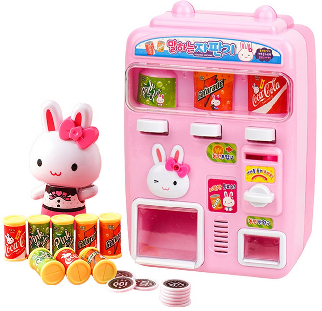 Hi-toys 投幣式飲料販賣機 家家酒角色扮演遊戲 附可愛換裝兔公仔, 1個, 粉紅色