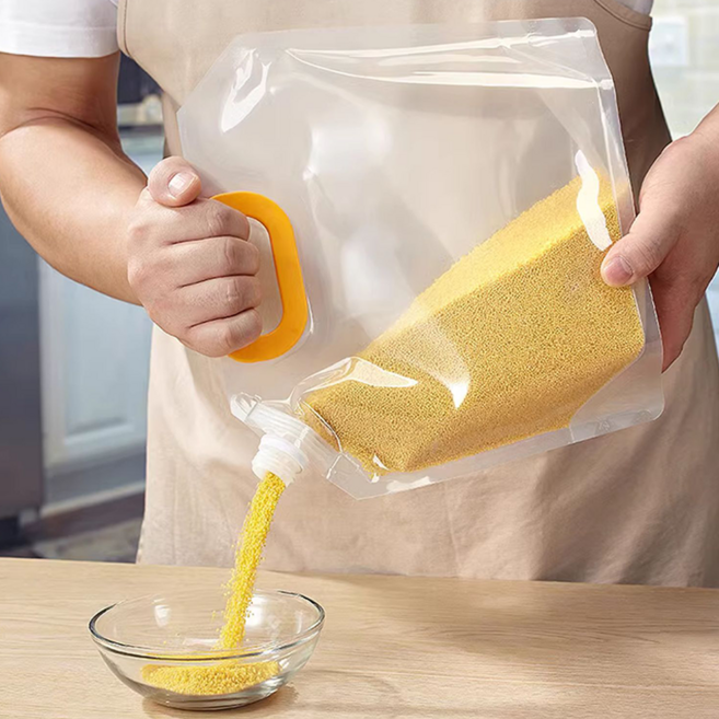 SMABAT 다용도 곡물 보관팩 다용도 잡곡 수납팩 다용도 비닐팩 손잡이형 투명팩 밀봉 소분용기 손잡이 잡곡팩 3L 5L 10L 세트 깔대기 포함, 3개