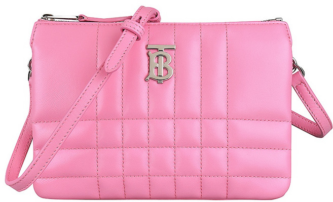BURBERRY LOLA TB銀字LOGO格紋绗線羔羊皮雙層斜背包, 櫻花草粉