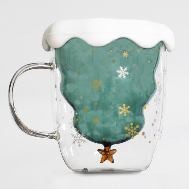 크리스마스 트리컵 이중 내열 머그컵 실리콘 뚜껑 포함 홈카페 컵 용품 인테리어, 1개