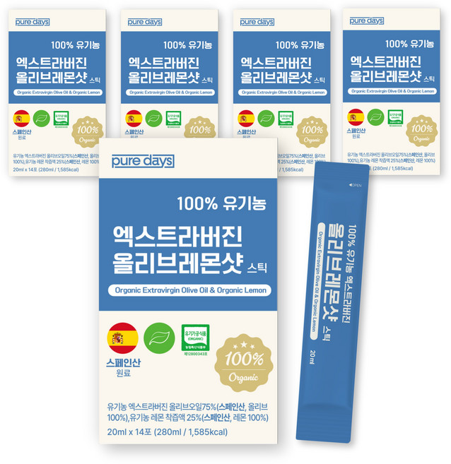 퓨어데이즈 100% 유기농 올레샷 엑스트라버진 올리브오일 레몬즙 스틱, 70개, 20ml