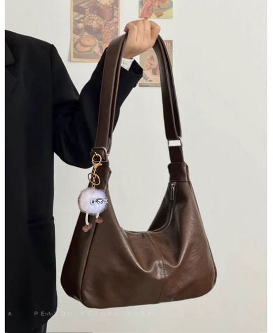 休閒單肩斜挎包, 咖色+掛件,包包（雙層防水面料）