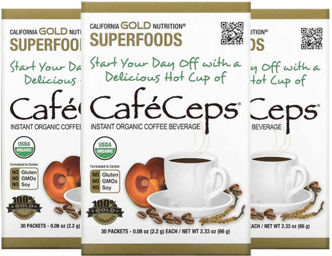 캘리포니아골드 뉴트리션 CafeCeps 동충하초 및 영지버섯 분말이 함유된 유기농 인증 인스턴트 커피 30개입 개당 2.2g(0.08oz), 2.2g, 3개 - 쿠팡
