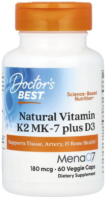 Doctor's Best 천연 비타민K2 MK-7 플러스 D3 180mcg 베지 캡슐 60정 Best (닥터스 베스트), 1개