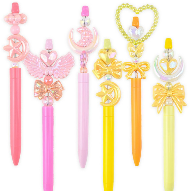 토이토 DIY 볼펜 꾸미기 키트 6개입 세트 볼꾸 펜꾸 비즈 파츠, 1세트, 별빛 날개(핑크&옐로)