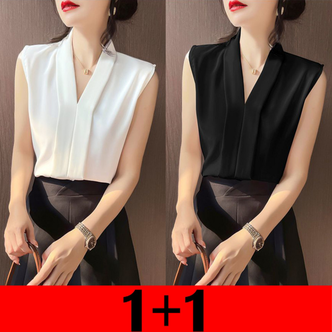 지고다그 1+1 여성 봄여름 브이넥 민소매 블라우스 베스트 슬림핏 오피스룩 이너탑 LJMA0067