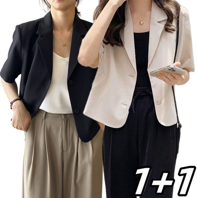 1+1 여성자켓 정장자켓 반팔자켓 숏트 기장 싱글브레스티드 루즈핏 미니멀 오피스룩 여름 데일리 자켓 ZBW26032026 36