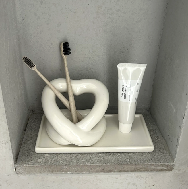 딜라이트홈 하트 핸드메이드 세라믹 칫솔꽂이&트레이세트, 화이트세트