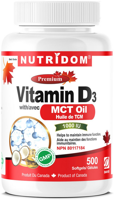 캐나다 뉴트리돔 비타민 D3 1000 IU (25mcg) 500정 with MCT 오일 함유 | 콜레칼시페롤 영양제 캐나다 직구 by 카포리아, 1개
