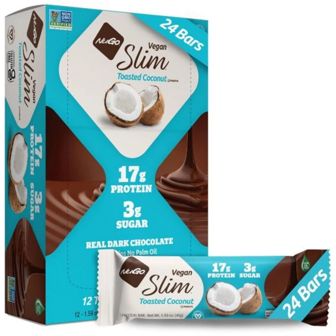 NuGo 에너지바 누고 슬림 다크 초콜릿 크런치 피넛 버터 17g 비건 프로틴 설탕 3g 섬유질 7g 180칼로리 낮은 순 탄수화물 글루텐 프리 12개입, 24개입 구운 코코넛, 24개, 1개 - 쿠팡