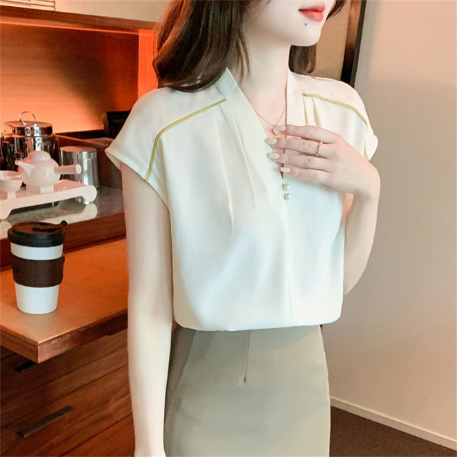 besteffie 여성 여름 실크 반팔 블라우스 V넥 우아한 셔츠 오피스룩 무지티셔츠 K71