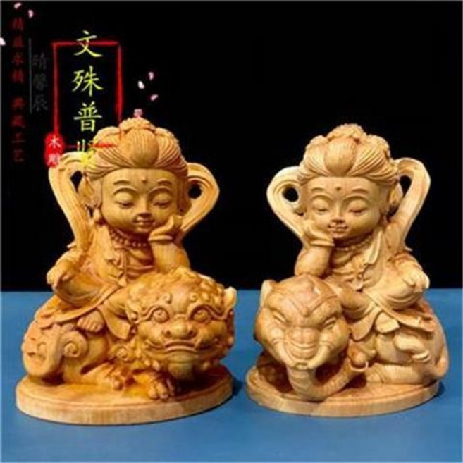 崖柏黃楊木雕 Q版文殊普賢菩薩 人物神像 工藝品, 黃楊木普賢