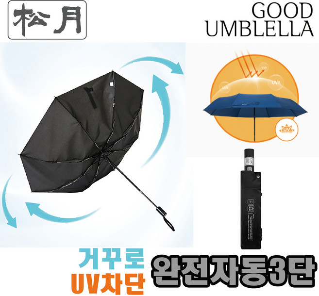 [송월우산] CM 완전자동 안전 거꾸로 UV차단 3단우산 (거꾸로우산/UV차단/완전자동/3단우산 /58cm x 8K/완자동우산) 전자동우산 자동우산 튼튼한우산 접이식우산