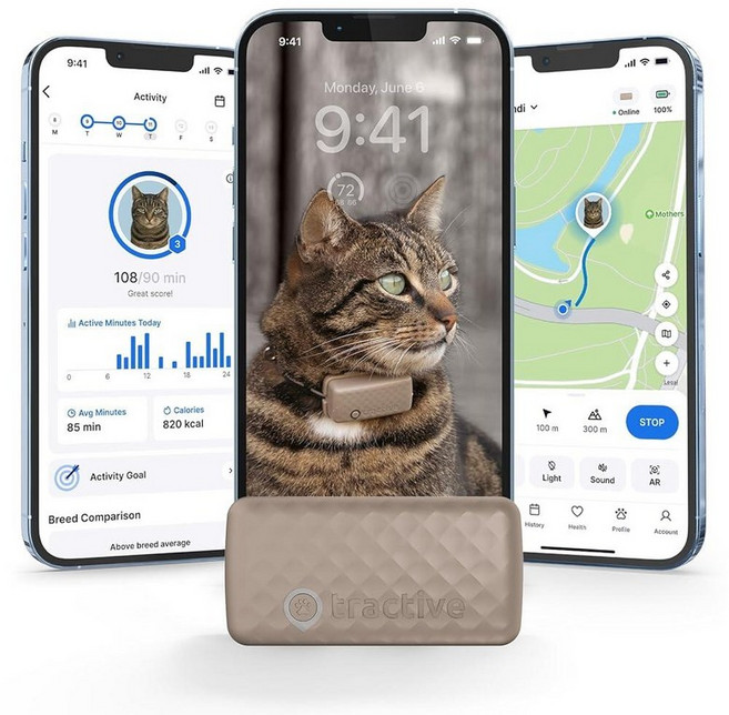Tractive Smart Cat GPS 트래커 | 2.9kg6파운드 이상의 고양이를 위한 실시간 위치 및 웰빙 모니터링 | 지역 및 위치 기록 | 최대 5일 배터리 | 분리형, 브라운