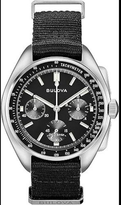 Bulova 남성 아카이브 시리즈 루나 파일럿 6핸드 크로노그래프 쿼츠 시계 스테인리스 블랙 NATO 스트랩 사파이어 크리스탈