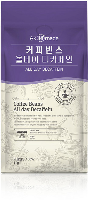흥국에이치메이드 커피빈스 올데이 디카페인 아라비카 원두, 1kg, 1개, 홀빈(분쇄안함)