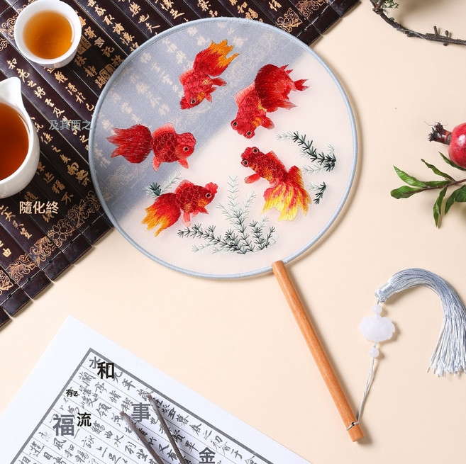 DIU 夏季新古風扇子蘇州雙面刺繡團扇舞蹈用國風漢服旗袍圓扇中國風, 1個, 刺繡扇-五福臨門:如圖