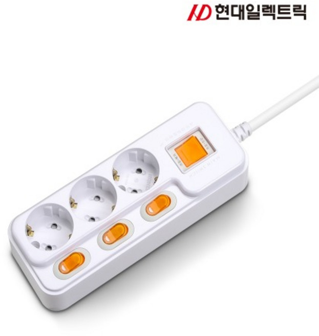 국산 현대 개별+과부하차단 콘센트 멀티탭 3구, 화이트, 1개, 1.5m