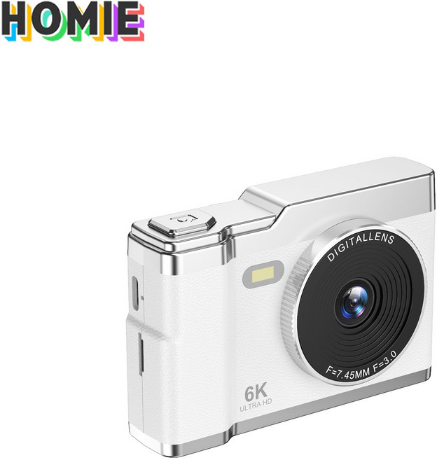 HOMIE 디지털카메라 6400W 픽셀카메라 2.4인치 고화질 미니 카메라 128GB 소형으로 휴대하기 편하고, 하얀색
