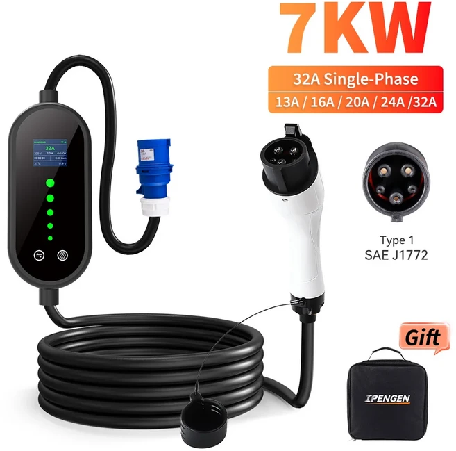 IPENGEN 32A 7KW EV 충전기 타입1 SAEJ1772 고속 충전 전기차 EVSE 휴대용 차량 배터리 충전기 WiFi 앱 제, 01 Type1 5M, 01 China Mainland