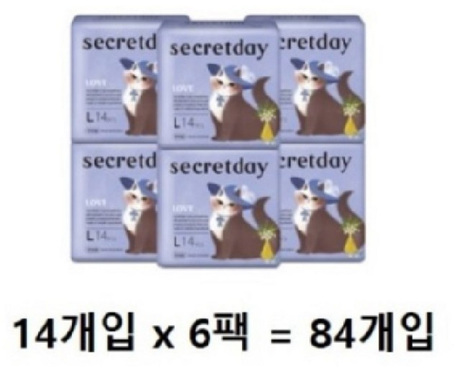 시크릿데이 러브 생리대 날개형, 대형, 14개입, 6개