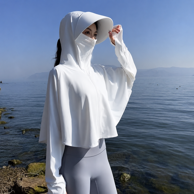全罩防曬衣 女款夏季防曬外套 大帽子護肩 防紫外線透明外套, 白