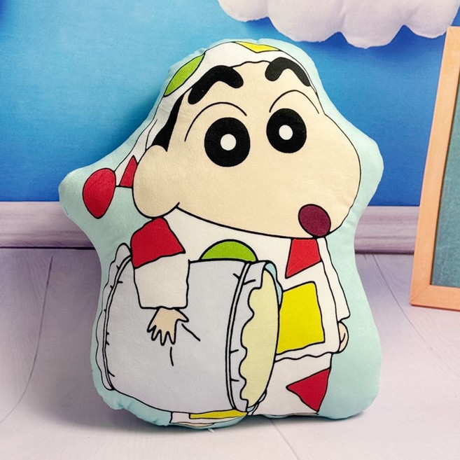 [짱구는 못말려]짱구 파자마 라인 프린트 쿠션+담요 2in1 세트 하나의 가격으로 쿠션 베개 과 담요를 동시에, 제품4(베개짱구)(하늘색)