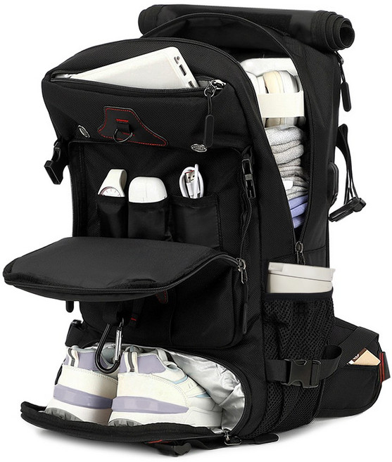 60L 80L 대용량 프리미엄 메탈 백팩 보스턴백 신발수납 여행 등산 출장, 블랙