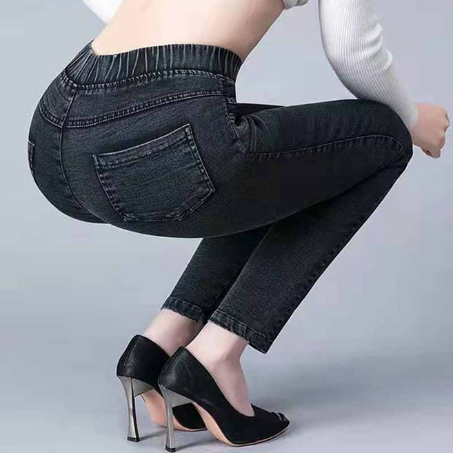 중년 여성 데님 팬츠 캐주얼 하이웨이스트 스판 바지 루즈핏 엄마 밴딩 데님 팬츠 ZN