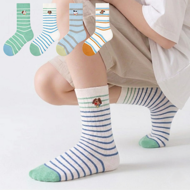 아동용 어린이 배색 ST 퍼피 중목 양말 4 켤레 세트