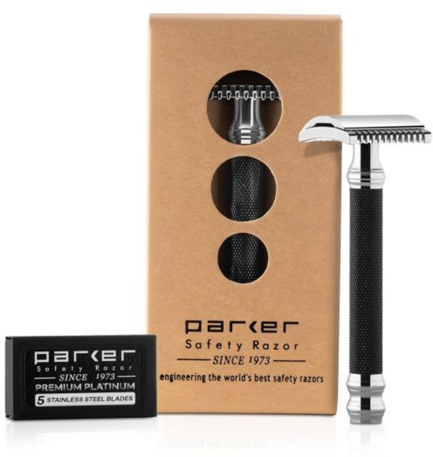 파커 Parker 26C 블랙 핸들 3피스 Open Comb 양날 세이프티 면도기 및 5개 프리미엄 플래티넘 면도날, 26C - Graphite Gray, 1개