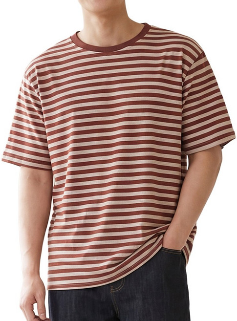 루크 남성 여름 루즈핏 스트라이프 반팔 티셔츠 남자 여름용 라운드 면티 오버핏 빅사이즈 캐주얼 배색 단가라 반팔티