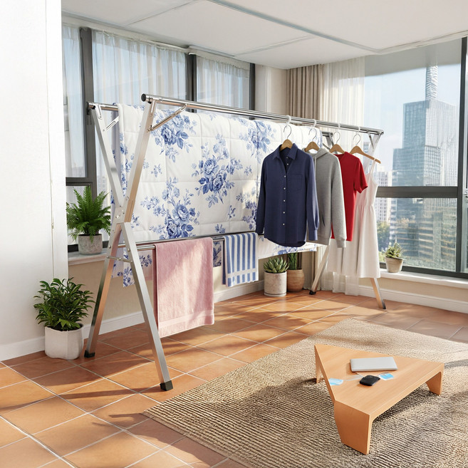 SONGMICS 튼튼한 접이식 X형 길이 조절형 다기능 이불건조대 접이식 빨래건조대, 실버