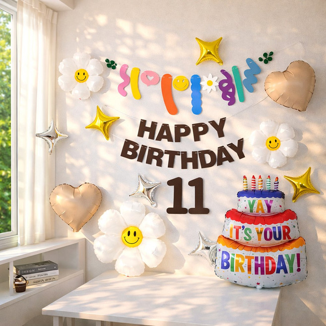 해피제이니 브라운가랜드 숫자 데이지풍선 생일케익풍선 파티용품 세트, 11번세트, 1세트