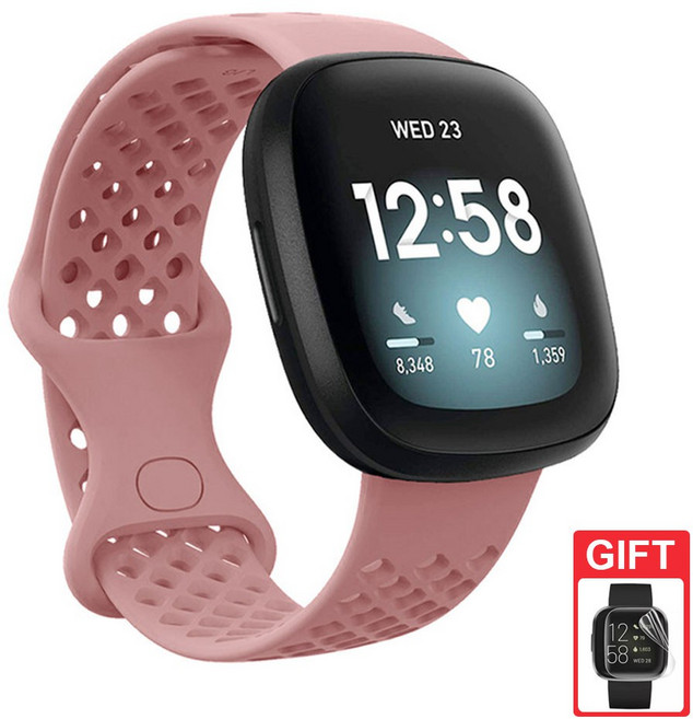 適用於 Fitbit Versa 3 / Versa 4 / Sense / Sense 2 矽膠透氣替換錶帶 腕帶, 粉色,S, 1個