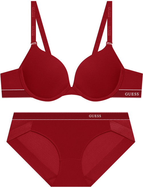 게스언더웨어 클리어 로고 와이어 브라 팬티 세트 - 레드