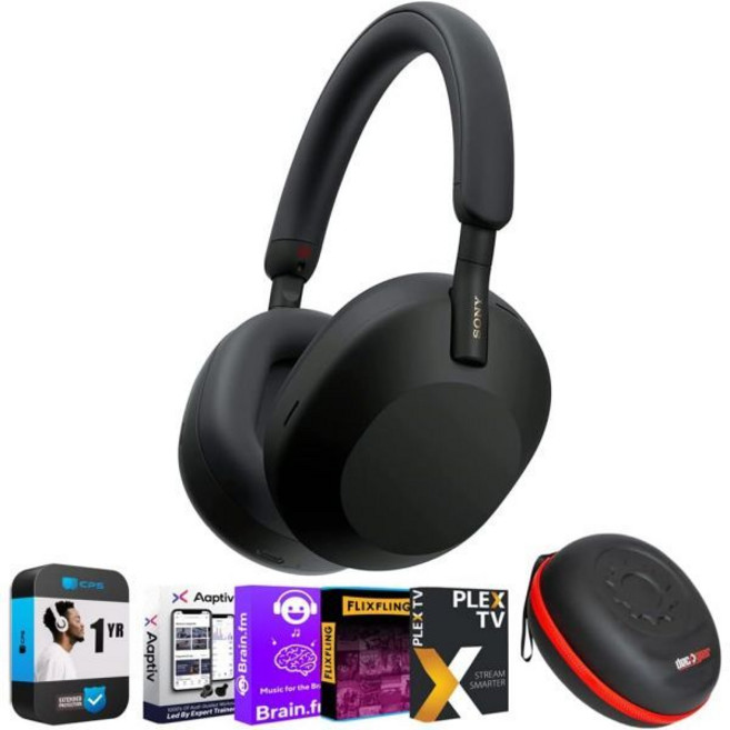 Sony 헤드폰 이어폰 헤드셋 무선 소니 WH1000XM5/S 노이즈 캔슬링 헤드폰실버 번들과 데코 기어 프로 오디오 스탠드 + 마이크로파이버 클리닝 천 포함, Black, w/ 2YR Protection Pack