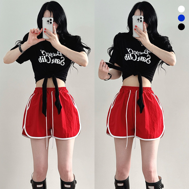 제이앤썸 국내제작 리얼핏 페스티벌룩 워터 페스티벌 블루 크롭티 레터링 언발 여름 타이 묶음 라운드 반팔 티셔츠 크롭 월디페 워터밤 흠뻑쇼