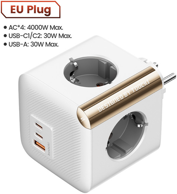 Toocki 멀티탭 GaN 충전기 USB C 타입 30W 고속 충전 4 AC 콘센트 포함 EU 플러그 서지 보호 접지 소켓 7, 115mm, 화이트, 1개